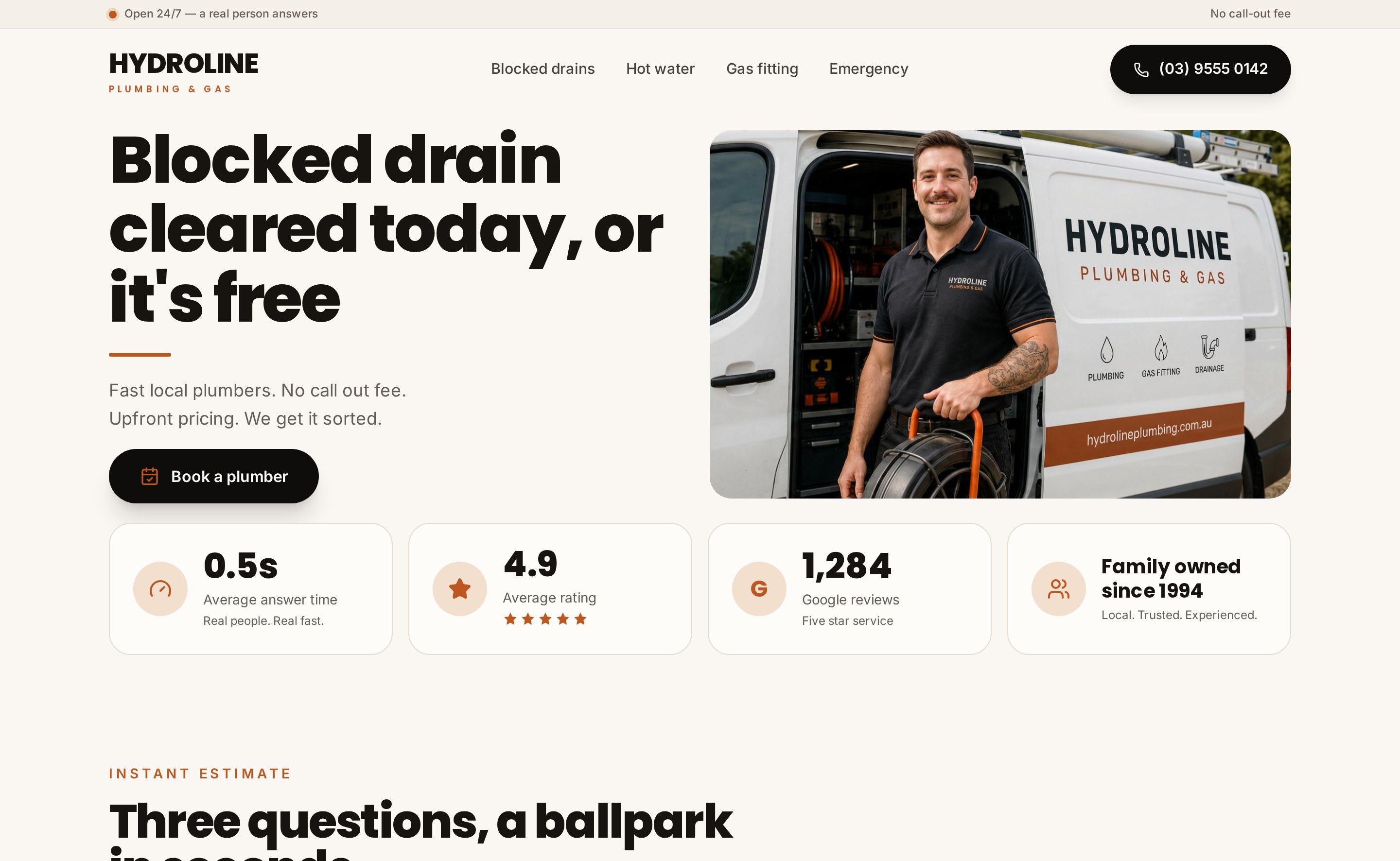 Hydroline Plumbing & Gas website after the Vertex HQ rebuild